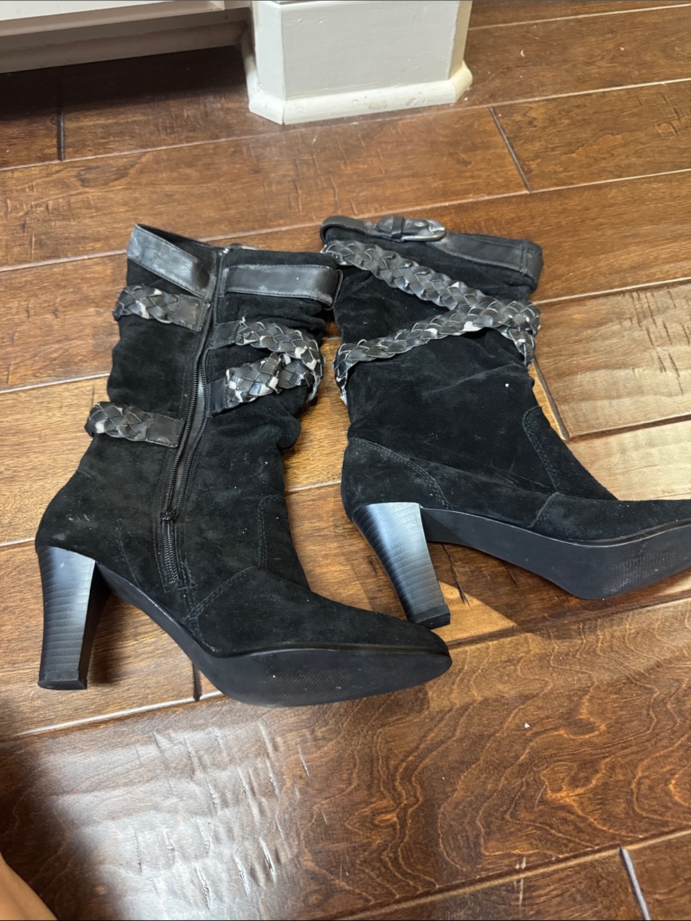 Sonoma Black Suede Mid-Calf Heeled Boots with Braided Straps